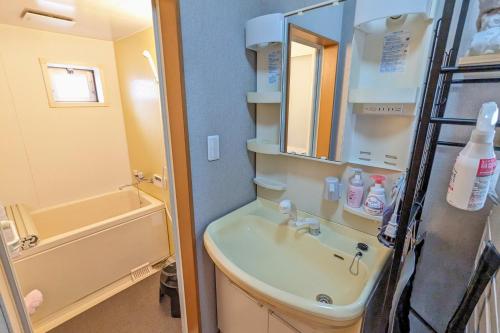 a bathroom with a sink and a mirror and a tub at Lily Nishi-funabashi 101 in Funabashi