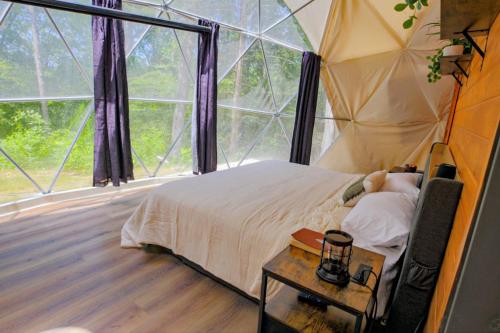 a bedroom with a bed and a large window at Romantic Dome Retreat for Couples in Ellijay
