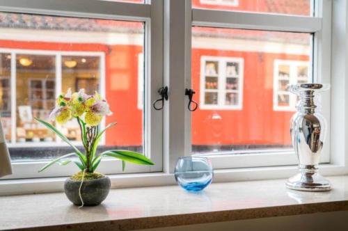 a window sill with a vase and a flower on it at AE258-Aeroskobing-Sondergade-3 in Ærøskøbing