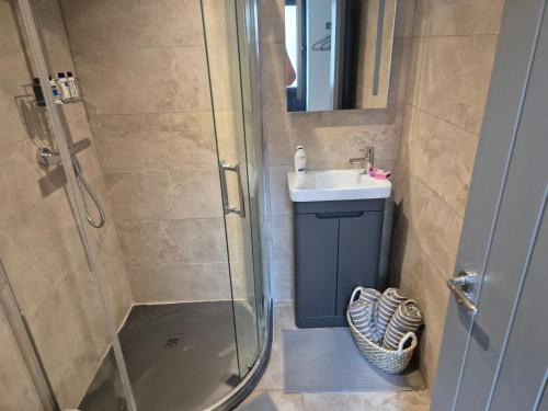 a bathroom with a shower and a sink and a toilet at Barn on the Farm Holiday Lets in Magherasaul