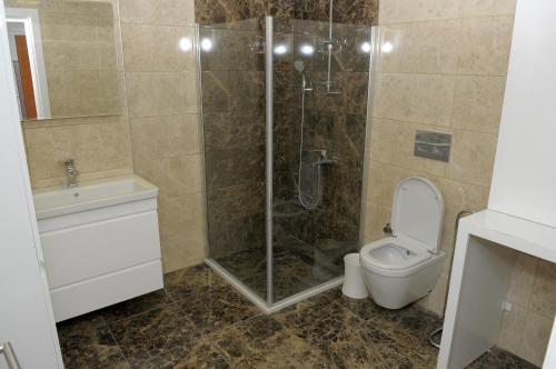a bathroom with a shower and a toilet and a sink at Saatli Suites in Cesme