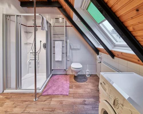 a bathroom with a toilet and a shower in it at Dünengras in Cuxhaven