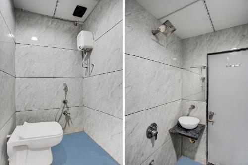 two pictures of a bathroom with a toilet and a shower at Super Collection O Kosad Railway Station Formerly Hotel Royal Orbits in Jāmb