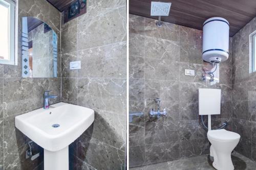 two pictures of a bathroom with a sink and a toilet at Collection O Brein Nishat Formerly Continental Guest House in Srīnagar