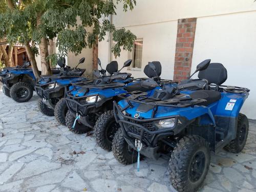 a row of four blue atvs parked next to a building at Etno selo Srna in Kalna