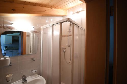 Un baño con ducha, inodoro y lavabo. en Boarhof Appartaments, en San Giacomo Val di Vizze