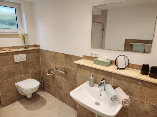 a bathroom with a sink and a toilet and a mirror at Winzerhof Düring in Iphofen