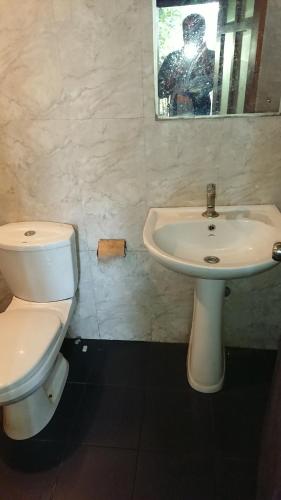 a bathroom with a white toilet and a sink at LEAF resorts in Gampola