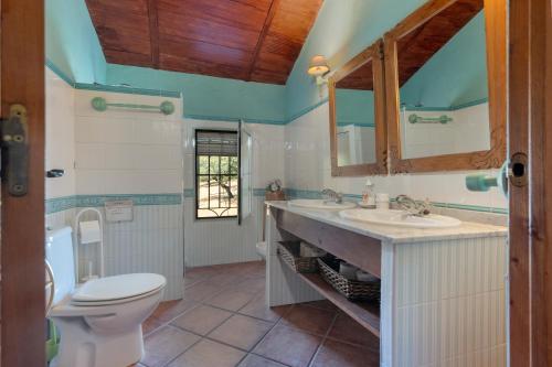 a bathroom with a toilet and a sink and a mirror at Casa el Rincón in Arroyomolinos de León