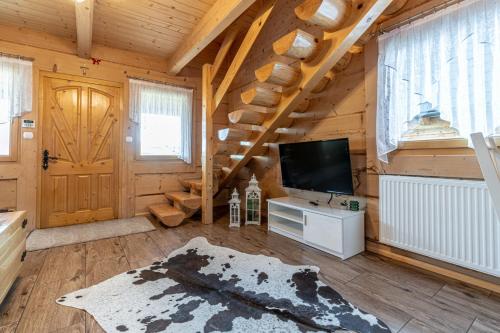 a living room with a tv in a wooden cabin at Osada Szaflary in Szaflary