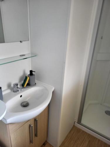 a bathroom with a white sink and a shower at Mobil-home chez MG in Sérignan