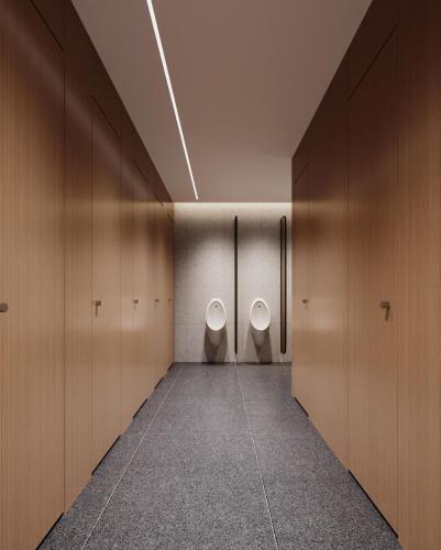 due orinatoi in un bagno con mobili in legno di wohkoon Youth Hostel Beijing Fengtai Railway Station Branch a Pechino