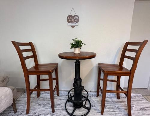 a table with two chairs and a table with a plant on it at Suite E with 2-bedroom in Sacramento