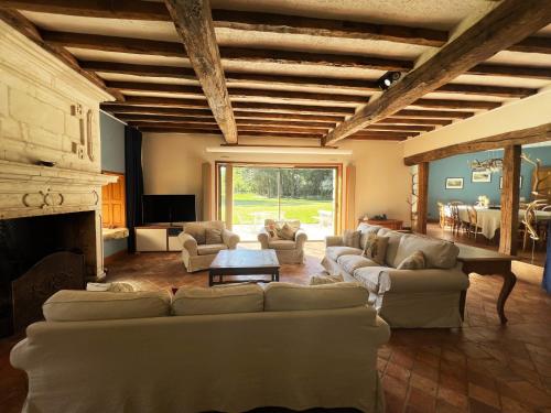 Saint-SulpiceにあるDomaine du Hallierのソファと暖炉のある広いリビングルーム