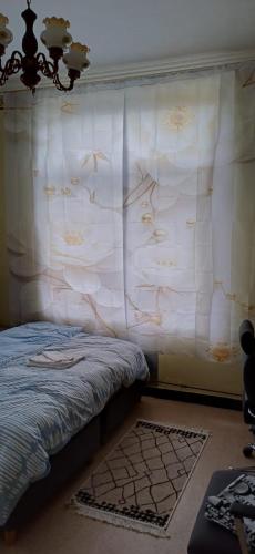 a bedroom with a bed and a curtain with birds on it at CHAMBRE Privée in Seraing