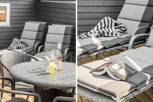 two pictures of a table and chairs on a patio at TV1605-Jerup-Engblommen-3 in Jerup