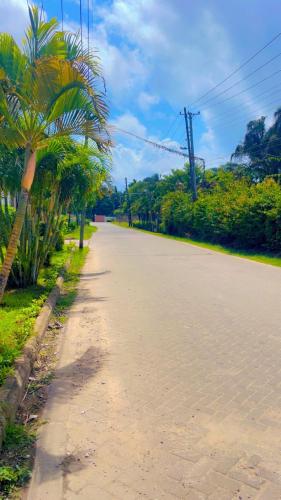 an empty road with palm trees on either side at NishHomes in Mombasa