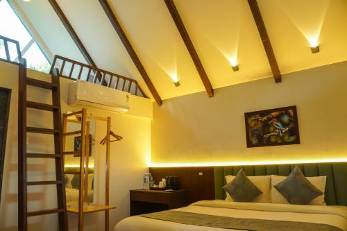 a bedroom with a bunk bed and a ladder at Birds Nest Resort in Kinlivli