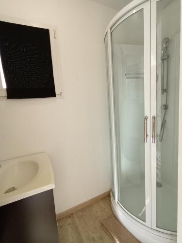 a bathroom with a glass shower and a sink at 229 - villa de la fosse a l ane in Le Fuilet