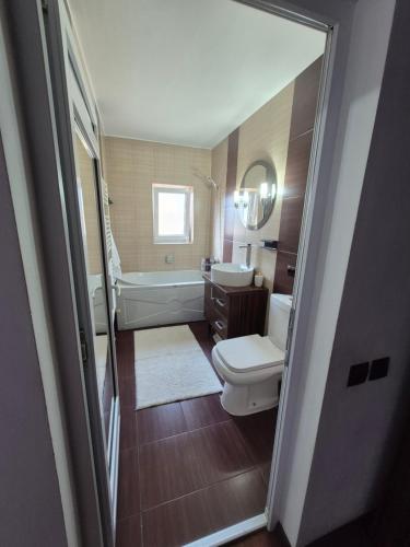 a bathroom with a tub and a toilet and a sink at Apartament ELSA in Floreşti