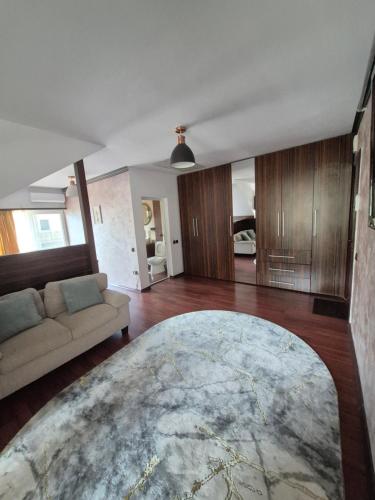a living room with a couch and a large rug at Apartament ELSA in Floreşti