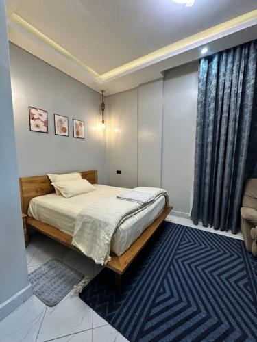 a bedroom with a bed and a blue rug at Timessquare studio in Kampala