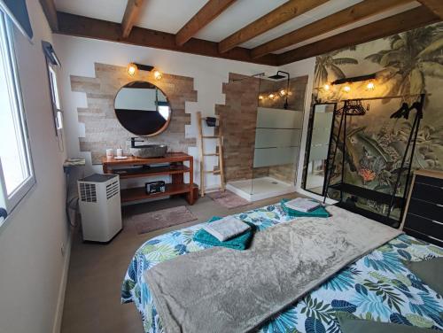 a bedroom with a large bed and a mirror at Jardin Bourbon - maison 4 étoiles - La Rivière - entre mer et montagne in Saint-Louis