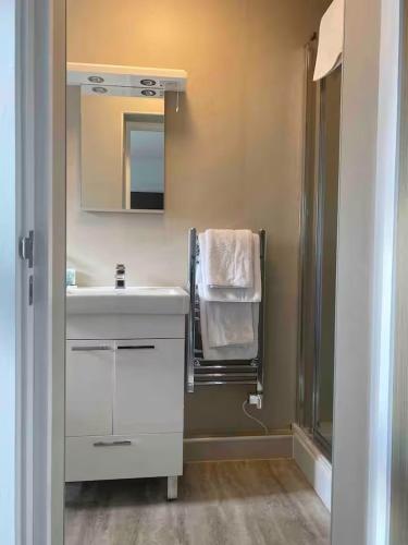 a bathroom with a white sink and a mirror at Dream Yard Apartments in Southend-on-Sea