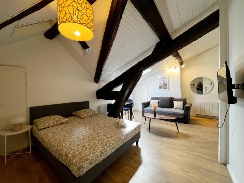 Un dormitorio con una cama y una sala de estar. en POLKE - appartement 3 personnes - check in h24 - wifi, en Lyon