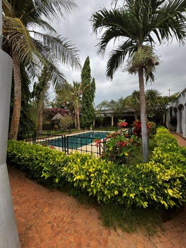 a resort swimming pool with a palm tree and flowers at Modern villa with pool views in Ngaparou
