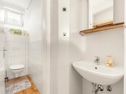 a white bathroom with a sink and a toilet at Stilvolle Gartenwohnung im Villenviertel Villachs in Villach