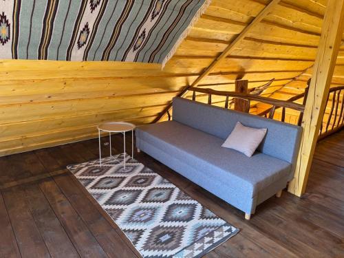 a room with a blue couch in a cabin at Садиба Сенчина in Utoropy