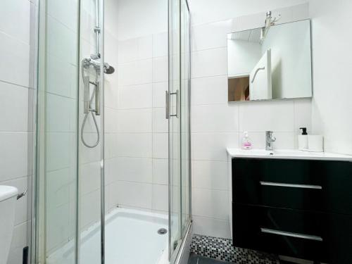 ヴィルールバンヌにあるPalm - appartement 5 personnes - check in h24 - wifiのガラスのシャワーと洗面台を備えたバスルーム