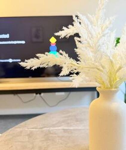 a white vase with feathers in front of a computer monitor at Silky Oak Stay - Brand New House in Griffin in Griffin