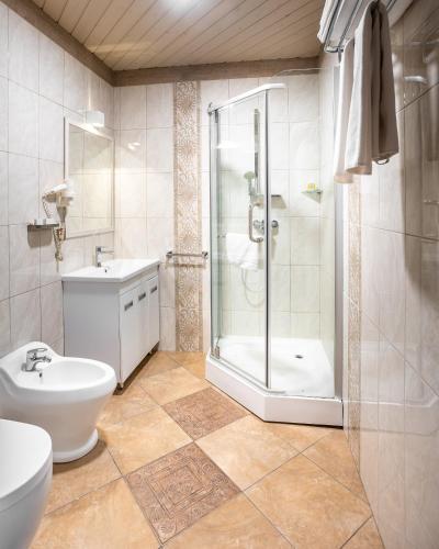 a bathroom with a shower and a toilet and a sink at Sacvoyage Hotel in Almaty