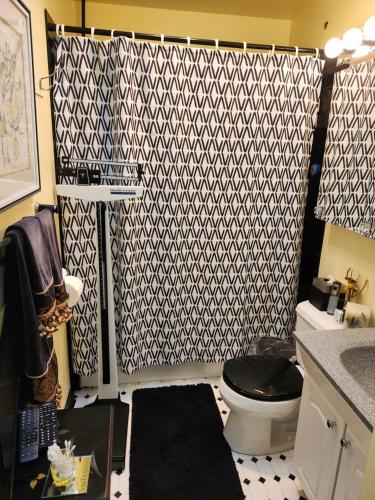 サンフランシスコにあるEntire 2BR, centrally-located, w/parking!のバスルーム(白黒のシャワーカーテン、トイレ付)