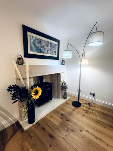 a living room with a fireplace and a lamp at Large one bedroom beach apartment in Bel Royal