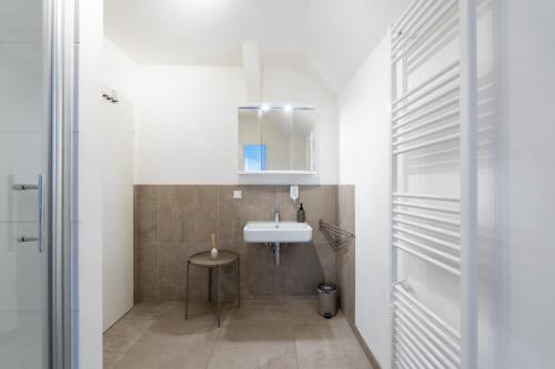 a small bathroom with a sink and a mirror at FarawayHomes Studios Klosterneuburg in Klosterneuburg
