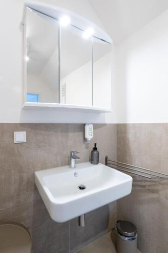 a bathroom with a white sink and a mirror at FarawayHomes Studios Klosterneuburg in Klosterneuburg