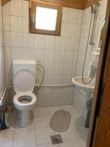 a bathroom with a toilet and a sink at Villa Gryka in Peje