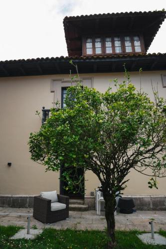 a house with a tree in front of a building at Casa Puebla Historia y Elegancia in Cangas de Onís