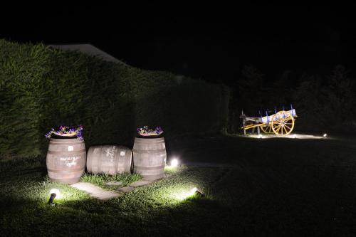 a group of barrels with lights in the grass at night at Tenuta Santicuti in Acaya