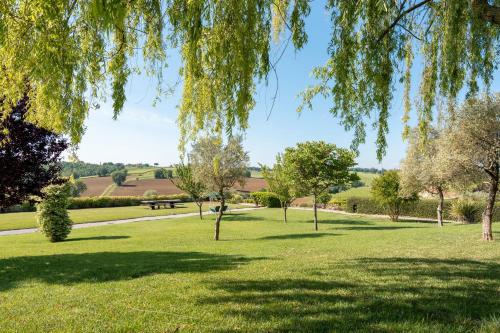 a park with trees and a bench in the grass at Borgo Syrah in Cortona