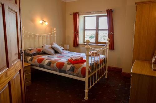 a bedroom with a bed and a window at Aberystwyth Enlli Cottage in Llanilar