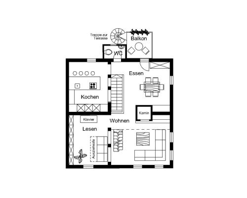 a floor plan of a house with furniture at Ferienwohnung Rabus in Bisingen