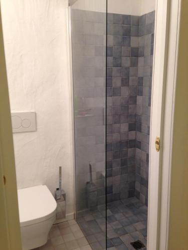 a bathroom with a toilet and a glass shower at Villaggio Est a Capo Coda Cavallo San Teodoro in San Teodoro