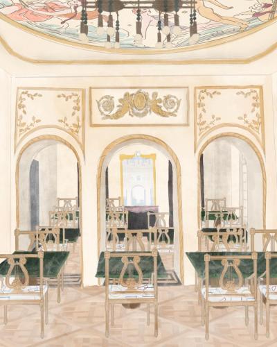 a painting of a room with tables and mirrors at Verneuil la douce in Verneuil d’Avre et d’Iton