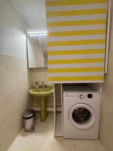 a small bathroom with a washing machine and a sink at Modern and old T2 in Condrieu