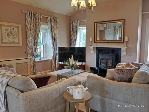 a living room with two couches and a fireplace at Devlin's cottage near Slane in Slane