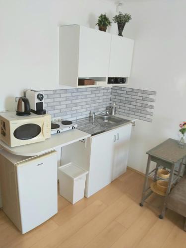 a white kitchen with a sink and a microwave at U Srubu Sychrov in Sychrov